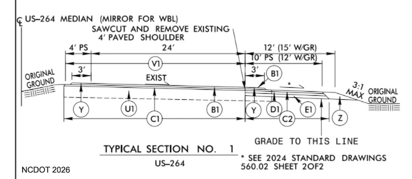 Image of paving plan for future US 264 pavement rehabilitation project in
		Wilson County, NCDOT, February 2026