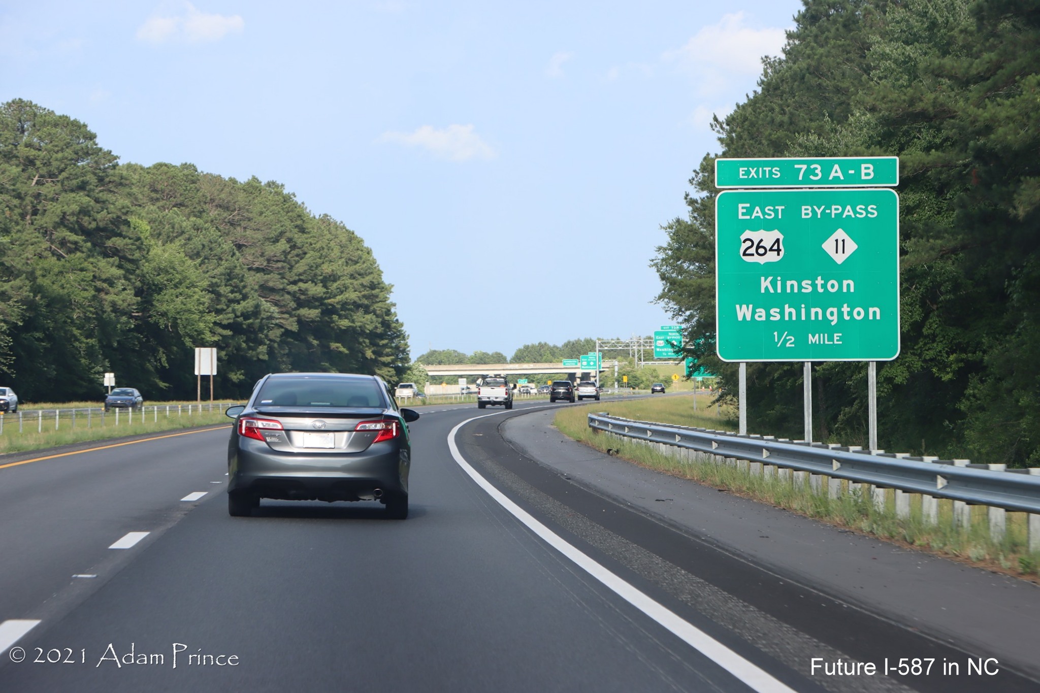 1/2 Mile advance sign for US 264 East/NC 11 Greenville Bypass exit on US 264 
	East (Future I-587 South) in Greenville, photo by Adam Prince, June 2021