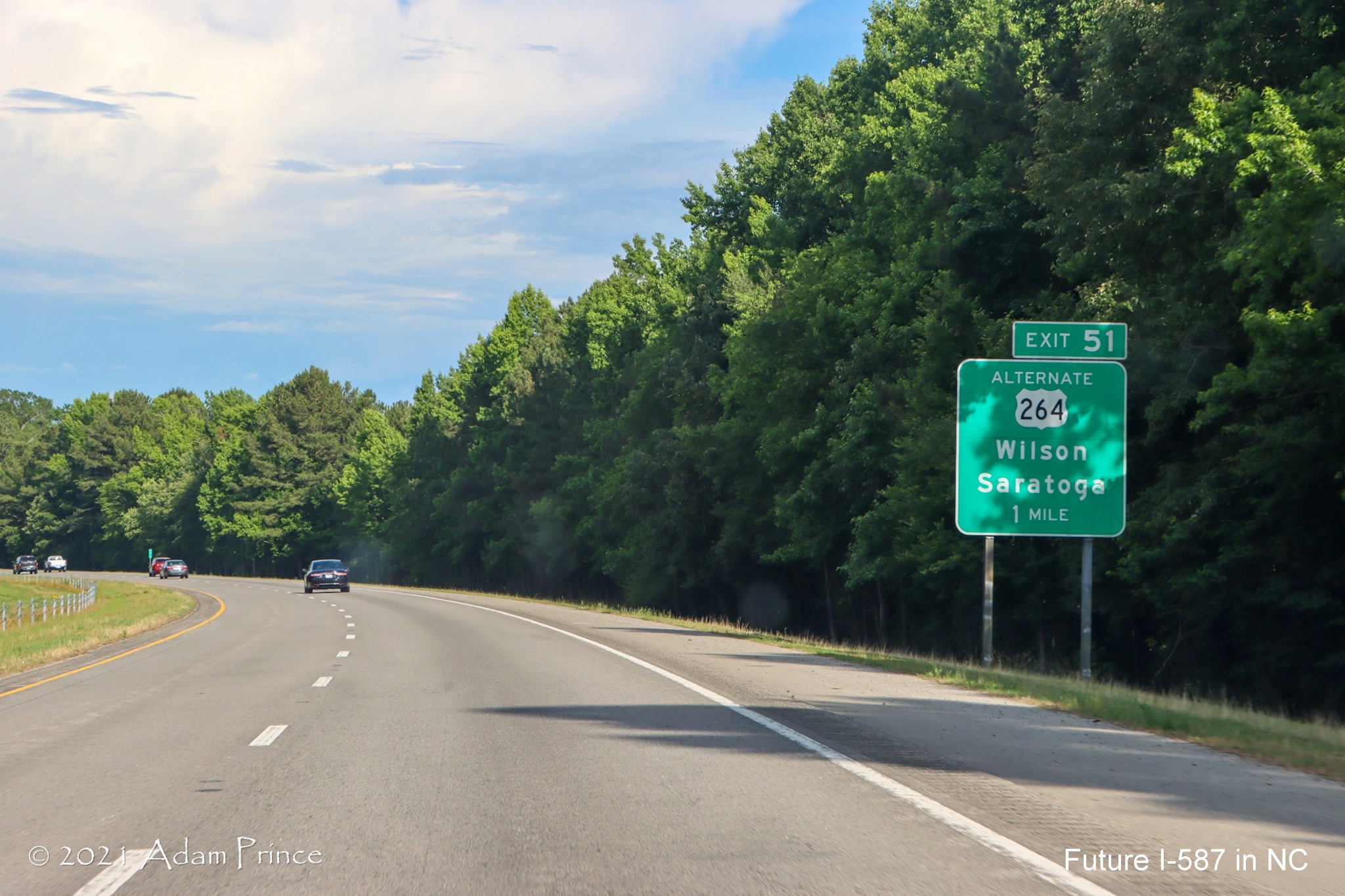 1 Mile advance sign for Alternate US 264 exit on US 264 East (Future I-587 South) 
	in Greene County, photo by Adam Prince, June 2021