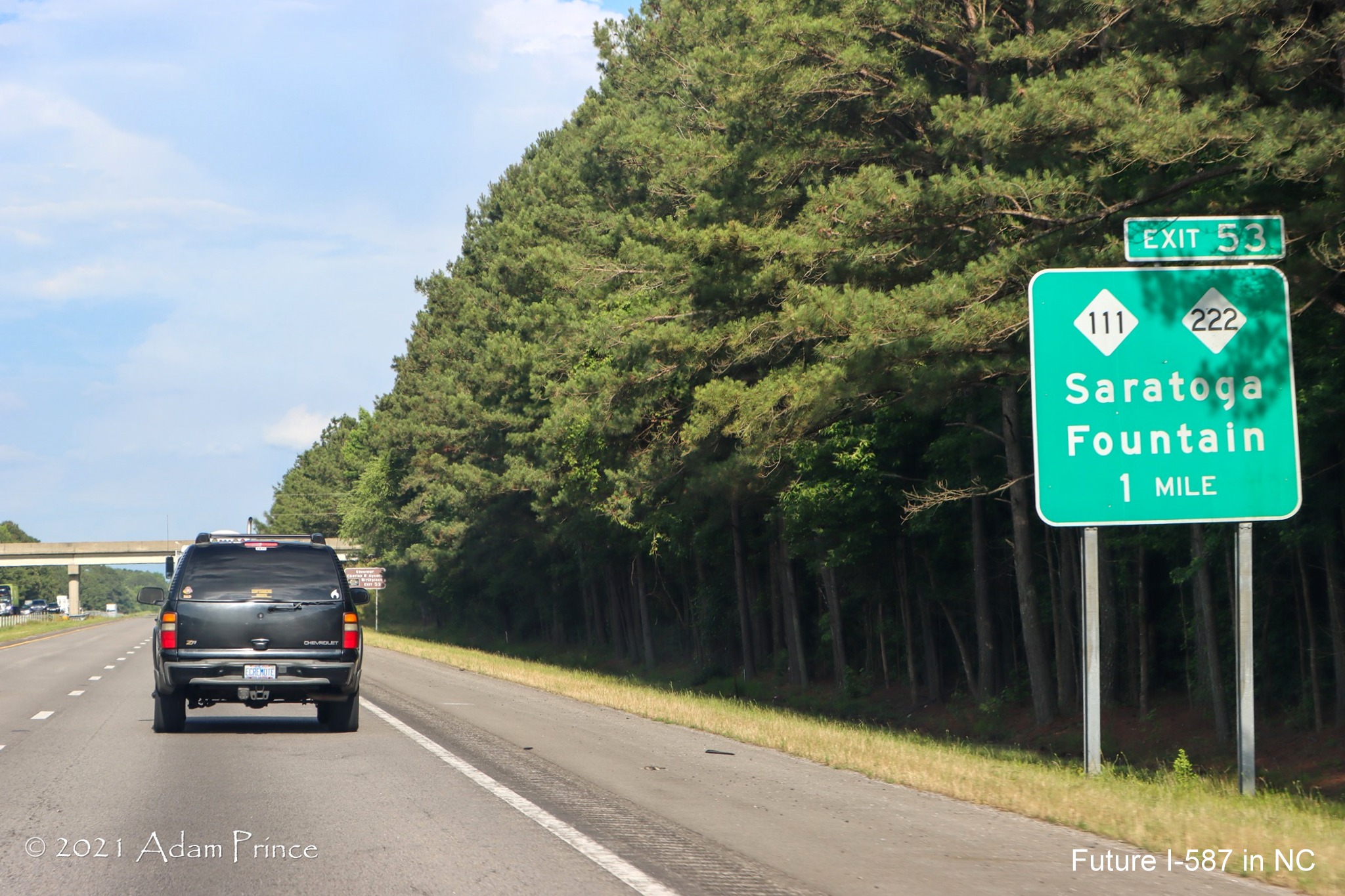 1 Mile advance sign for NC 111/222 exit on US 264 East (Future I-587 South) in 
	Greene County, photo by Adam Prince, June 2021