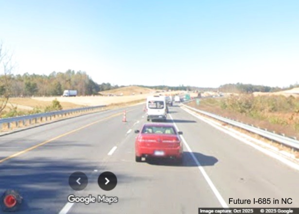 Image of traffic down to one lane approaching the Starmount Road exit on US 421 (Future 
	I-685) North in Liberty, Google Maps Street View, October 2025