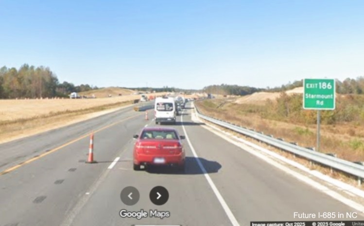 Image of temporary exit sign for Starmount Road exit on US 421 (Future 
	I-685) North in Julian, Google Maps Street View, October 2025