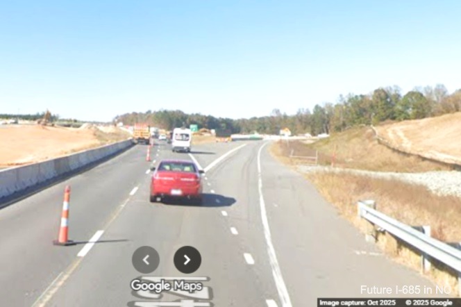 Image of temporary split at bottom of Starmount Road exit on-ramp on US 421 (Future I-685) North
	in Julian, Google Maps Street View, October 2025