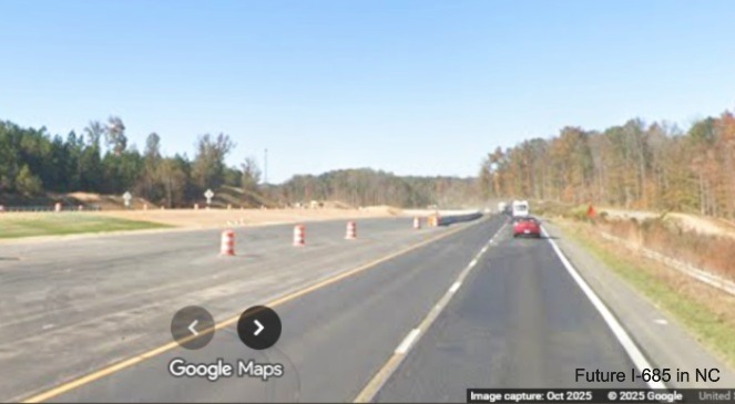 Image of widened roadway after Starmount Road exit on US 421 (Future I-685) 
	North in Julian, Google Maps Street View, October 2025