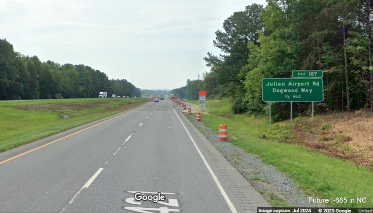 Image of 1/2 Mile advance sign for new Julian Airport Road exit on US 421 
	  (Future I-685) South, Google Maps Street View, July 2024