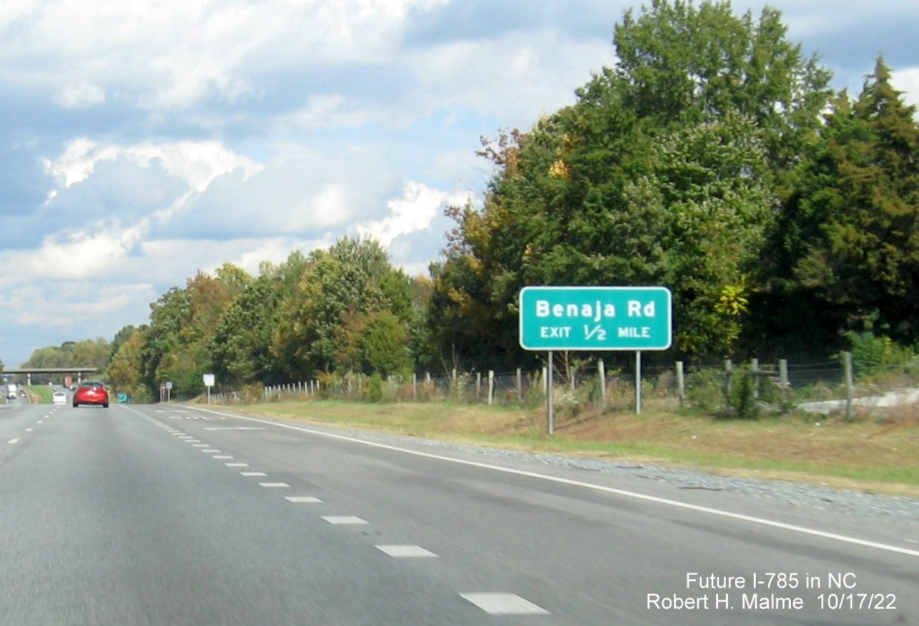 Image of 1/2 Mile advance sign for Benaja Road exit on US 29 North in Guilford County, October 2022