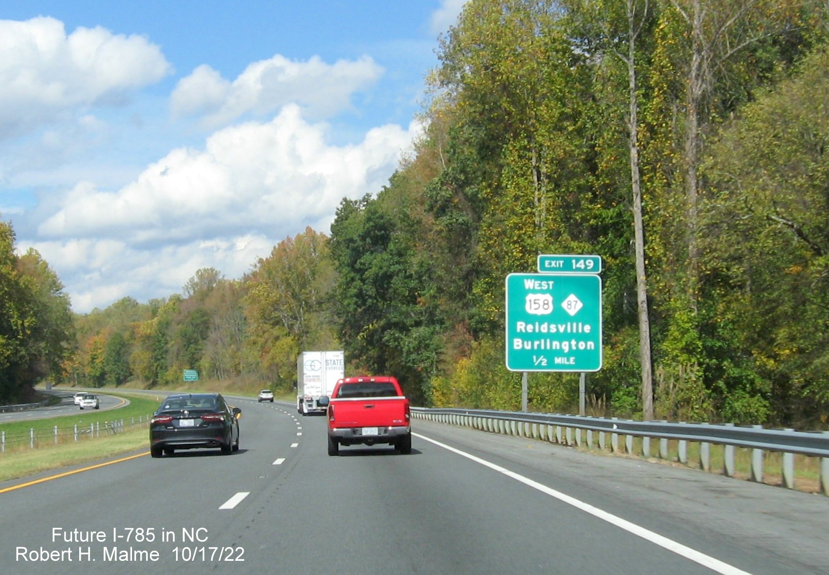 Image of 1/2 mile advance sign for West US 158/NC 87 exit on US 29 (Future I-785) North in Reidsville, October 2022
