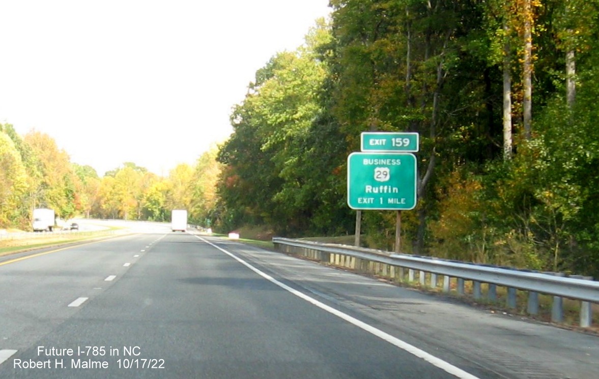 Image of ground mounted 1 mile advance sign for the Business US 29 exit on US 29 (Future I-785) North in Ruffin, October 2022
