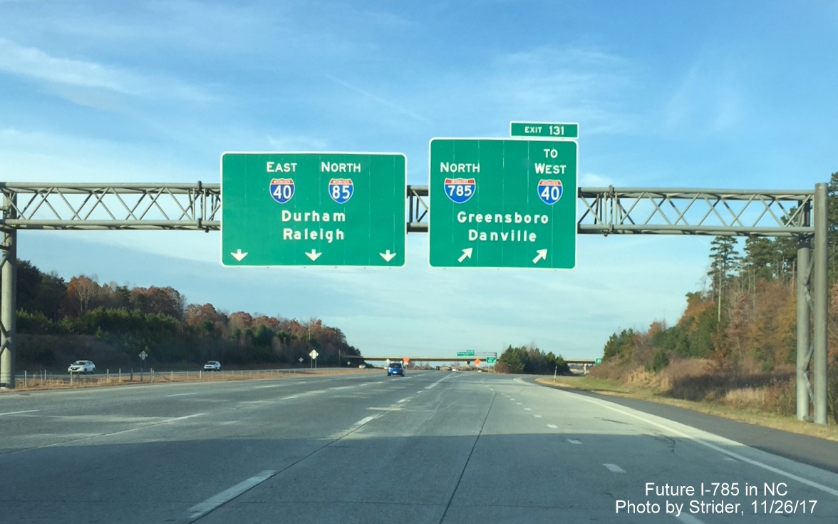 Image of new overhead sign for I-785 North on I-85 North/Greensboro Loop prior to merge with I-40 East, by Strider