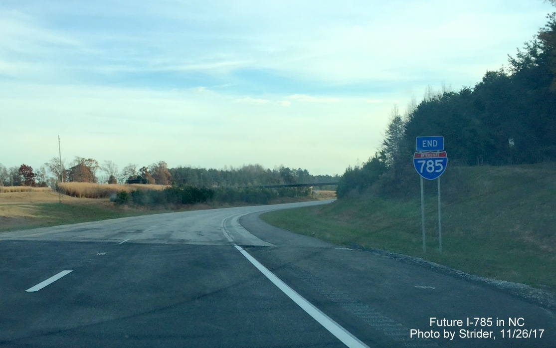 Image of End I-785 sign south of I-40/I-85 interchange on Greensboro Loop, by Strider