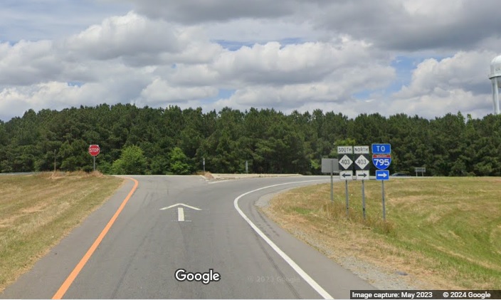 Image of signage on ramp from I-40 West at NC 242 exit with trailblazer for To
I-795, Google Maps Street View, May 2023