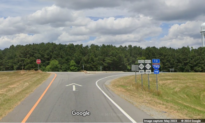 Image of signage on ramp from I-40 West at NC 242 exit with trailblazer for To I-795, Google Maps Street View, May 2023