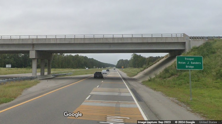 Image of O'Berry Road exit bridge on US 117 (Future I-795) South in Goldsboro, Google Maps Street View, September 2023
