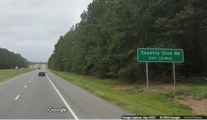 The 1/2 Mile advance sign for the Country Club Road exit on US 117 (Future I-795) South in Goldsboro, Google Maps Street View, September 2023