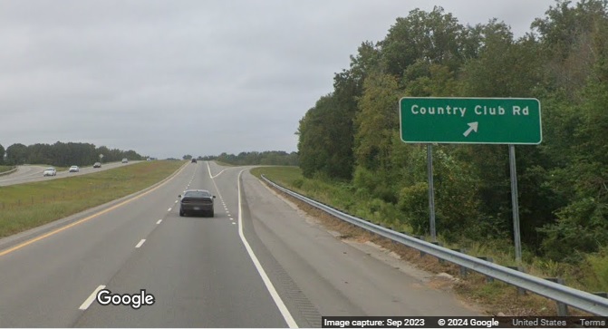 Image of Country Club Road ground mounted ramp sign on US 117 (Future I-795) South in 
	  Goldsboro, Google Maps Street View, September 2023
