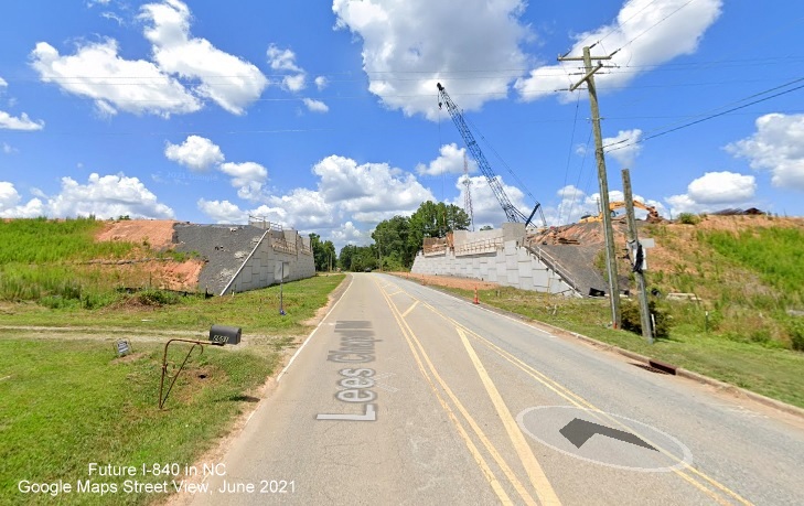 Image of view looking north on Lees Chapel Road toward new bridge for I-840/Greensboro Urban Loop being built over the roadway, Google Maps Street View, June 2021