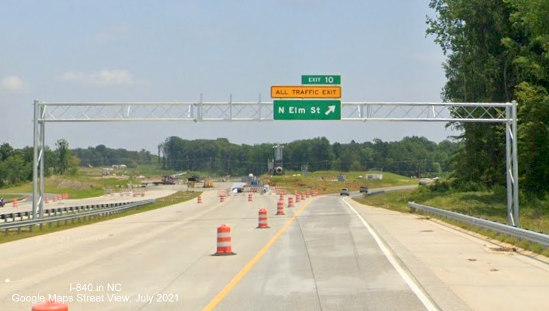 Image of current end of I-840 East/Greensboro Loop showing progress constructing new section over North Elm Street, Google Maps Street View, July 2021