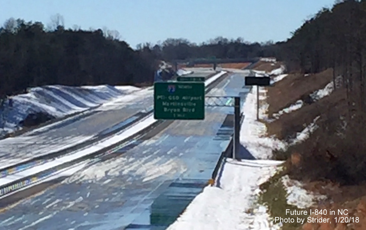 Image of newly placed 1-mile advance overhead sign for I-73/Bryan Blvd exit on soon to be opened section of I-840 West/Greensboro Loop, by Strider
