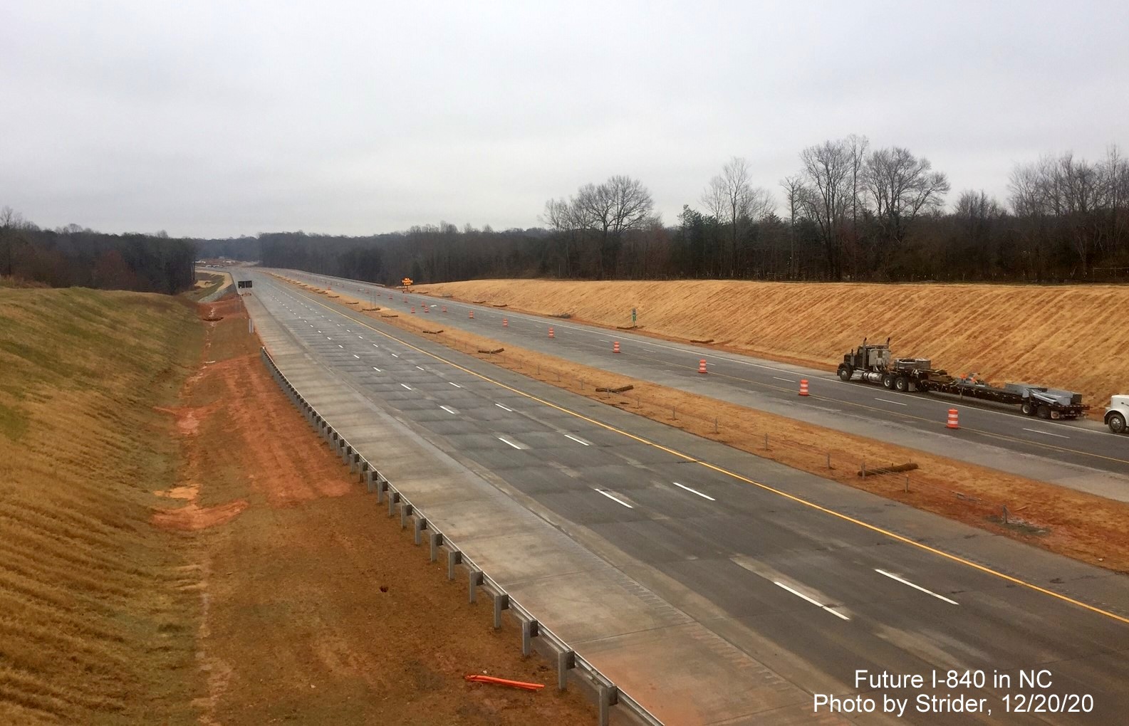 Image of new lane markings being placed along soon to be opened section of I-840 Greensboro Urban Loop between Lawndale Drive and North Elm Street, photo by Strider, December 2020