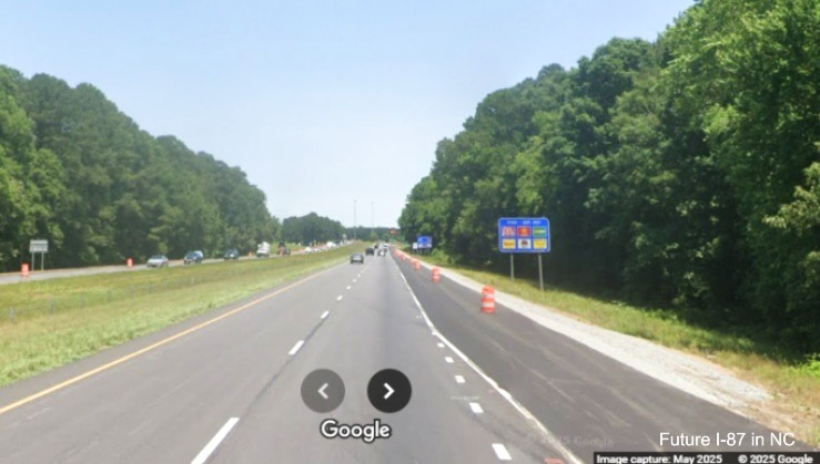 Image of construction of interstate standard shoulders on US 64 East 
		(Future I-87 North)	between the NC 58 and Alt./Bus 64 exits in Nashville, Google Maps Street View, May 2025
