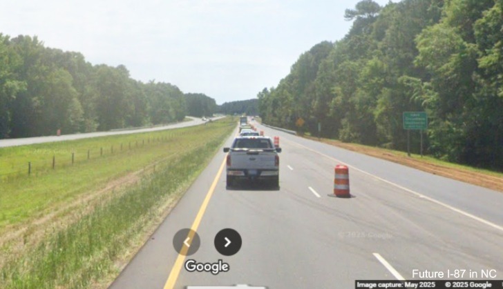 Image of new interstate standard shoulders after the NC 58 exit on US 64 West
	(Future I-87 South)	between the NC 58 and Alt./Bus 64 exits in Nashville, Google Maps Street View, May 2025