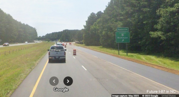 Image of new interstate standard shoulders at the US 64 Alternate exit on US 64 West
	(Future I-87 South)	in Nashville, Google Maps Street View, May 2025