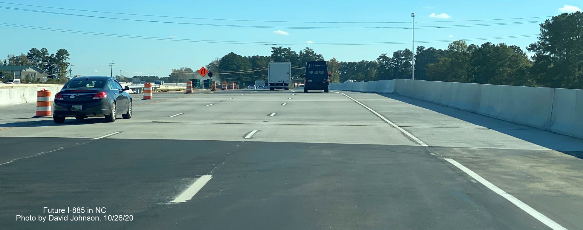 Image of newly opened bridge of US 70 East (Future I-885 South) crossing over Business 70/NC 98 in Durham, by David Johnson October 2020