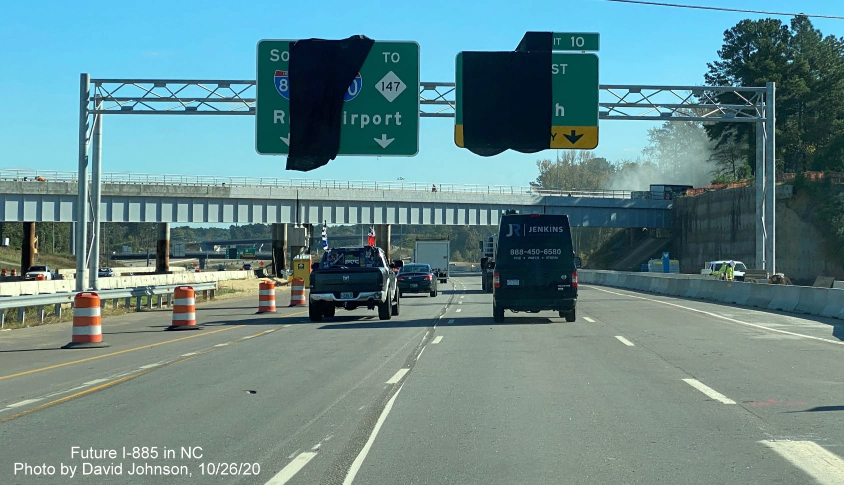 Image of recently placed overhead signs for newly opened US 70 East exit off of Future I-885 South in Durham, by David Johnson October 2020