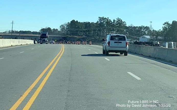 Image of US 70 East using Future I-885 North lanes approaching new railroad bridge being built as part of East End Connector project in Durham, by David Johnson