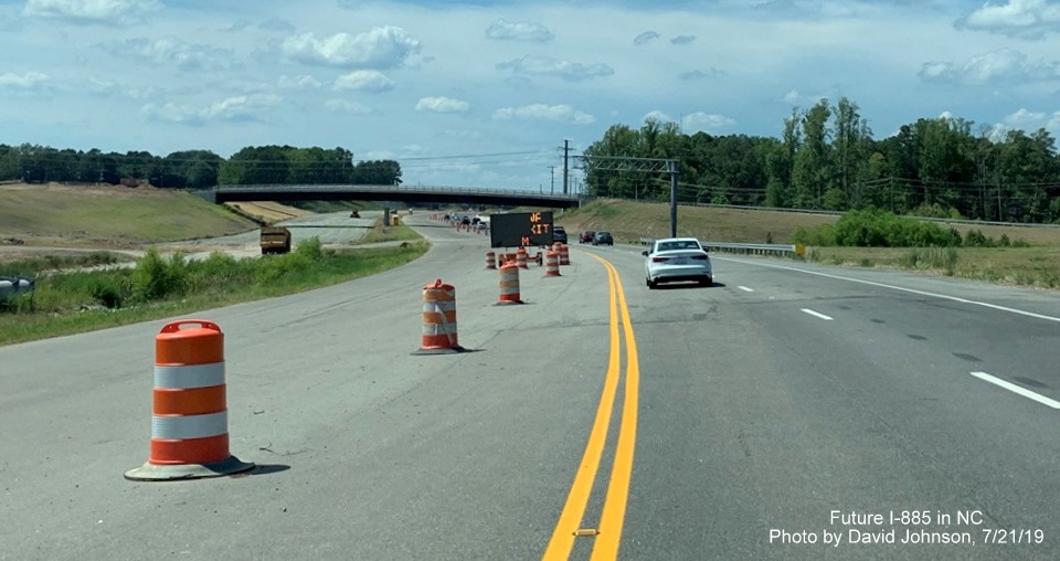 Image of temporary VMS placed in future I-885 North/US 70 West lanes in East End Connector Project work zone in Durham, by David Johnson