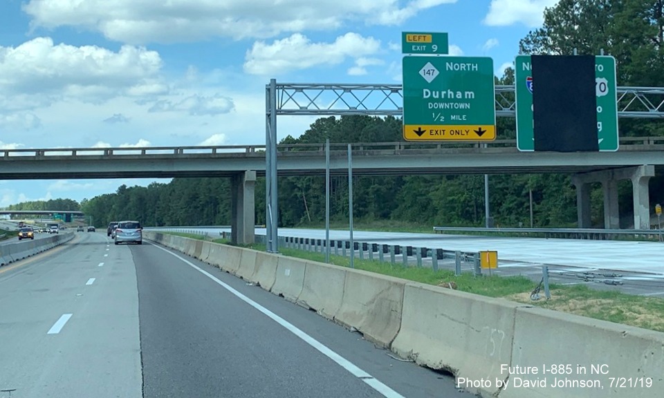 Image of newly placed signs 1/2 mile south of future East End Connector (I-885) exit on NC 147 North in Durham, by David Johnson