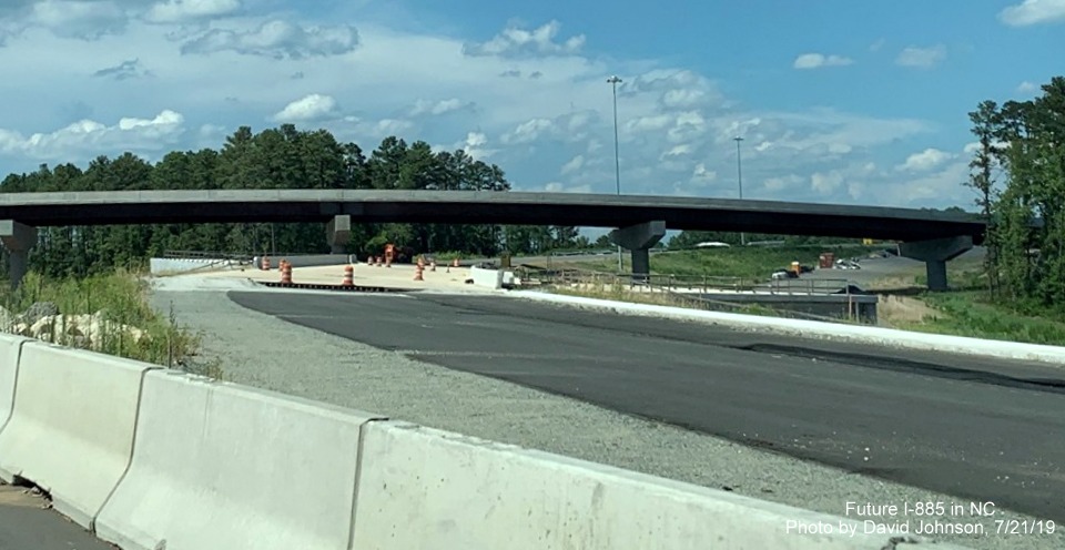 Image of Future I-885 South lanes at merge point with NC 147 South traffic in East End Connector Project work zone in Durham, by David Johnson