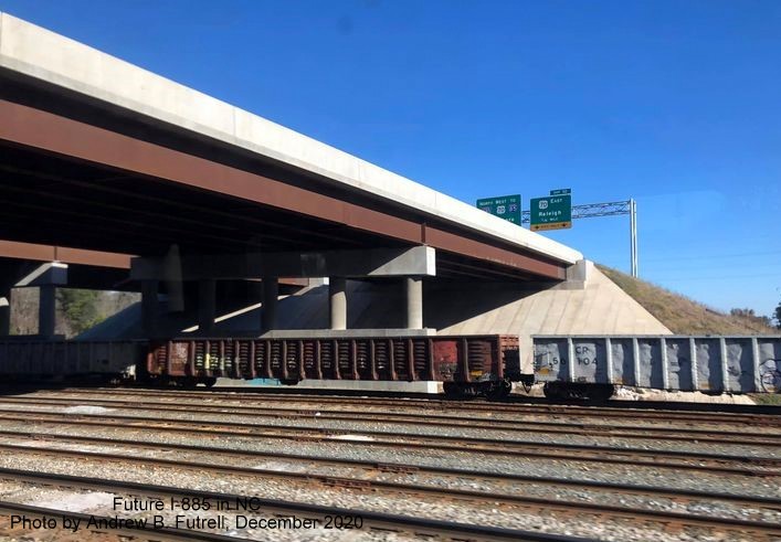 Image of East End Connector bridge over railroad tracks and installed signage for Future I-885/US 70 exit in Durham, by Andrew B. Futrell, December 2020