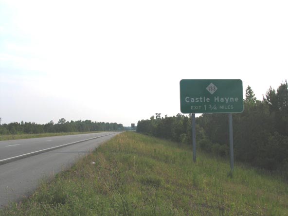 Photo of exit signage for NC 133 interchange along West I-40 near Wilmington, May 
2006