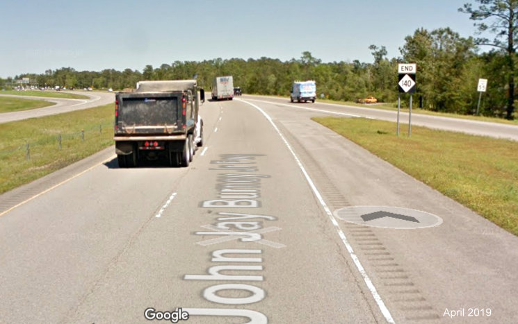 Google Maps Street View image of End NC 140 trailblazer approaching US 17 North in Scott's Hill, taken in
                                        April 2019