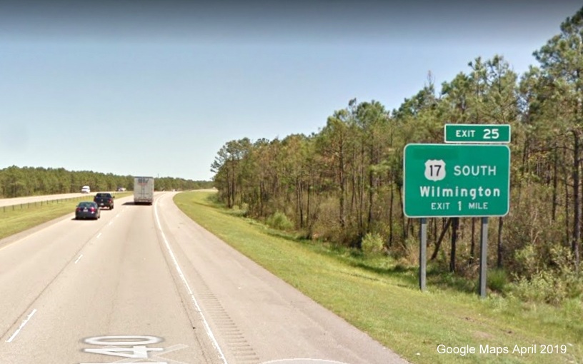 Google Maps Street View image of ground mounted 1-mile advance sign for US 17 South exit on NC 140 East in Scott
