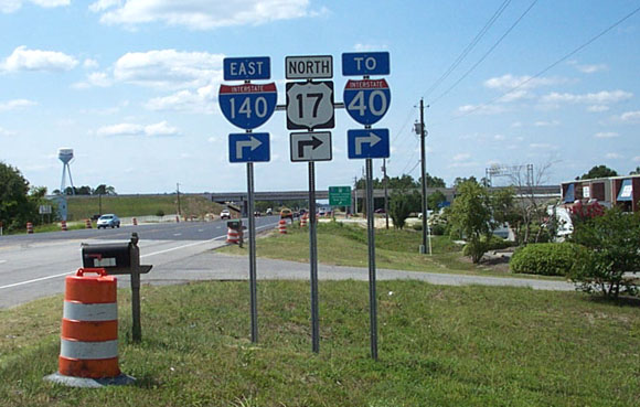 Photo of signage at current end of I-140 at US 421, July 2006. Courtesy of Adam Prince