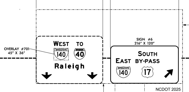 NCDOT sign plan image showing future I-140 signage at the current Military Cutoff Road exit at NC 140