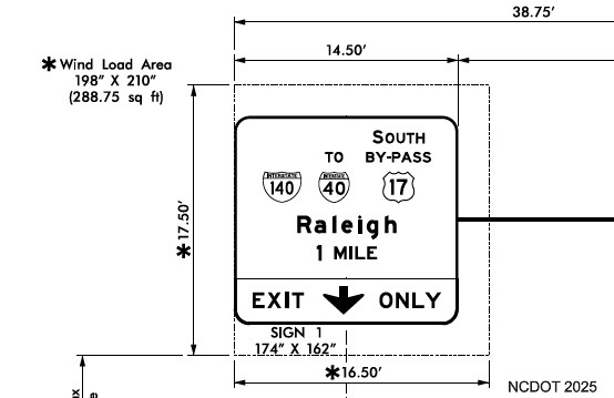NCDOT sign plan image showing future I-140 signage at the current Military Cutoff Road exit at NC 140