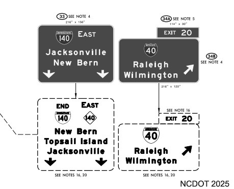 NCDOT sign plan image showing I-140 only signed at the current I-140/NC 140 exit on I-140 East