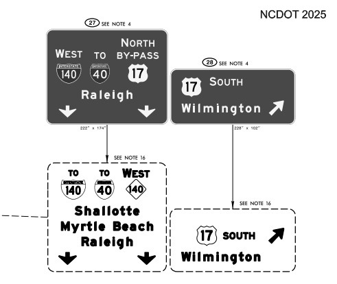 NCDOT sign plan image showing I-140 West signed at the current NC 140 exit on US 17 South