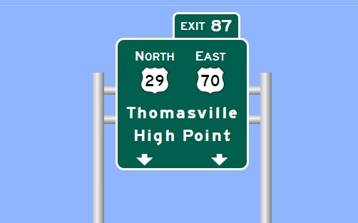 Sign Maker image of overhead exit sign for US 29 North/US 70 East, 
				  Business 85 unsigned on I-285 North in Lexington