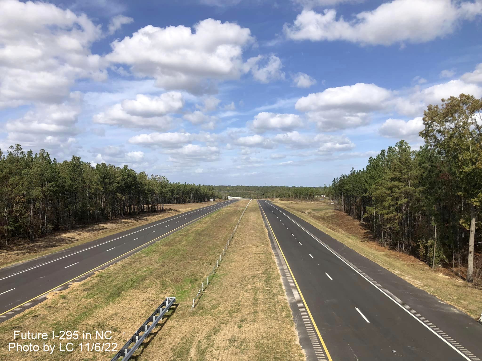 Image taken along Black Bridge Road bridge looking north to 
        yet to be completed section of Fayetteville Outer Loop to Camden Road, by LC, November 2022