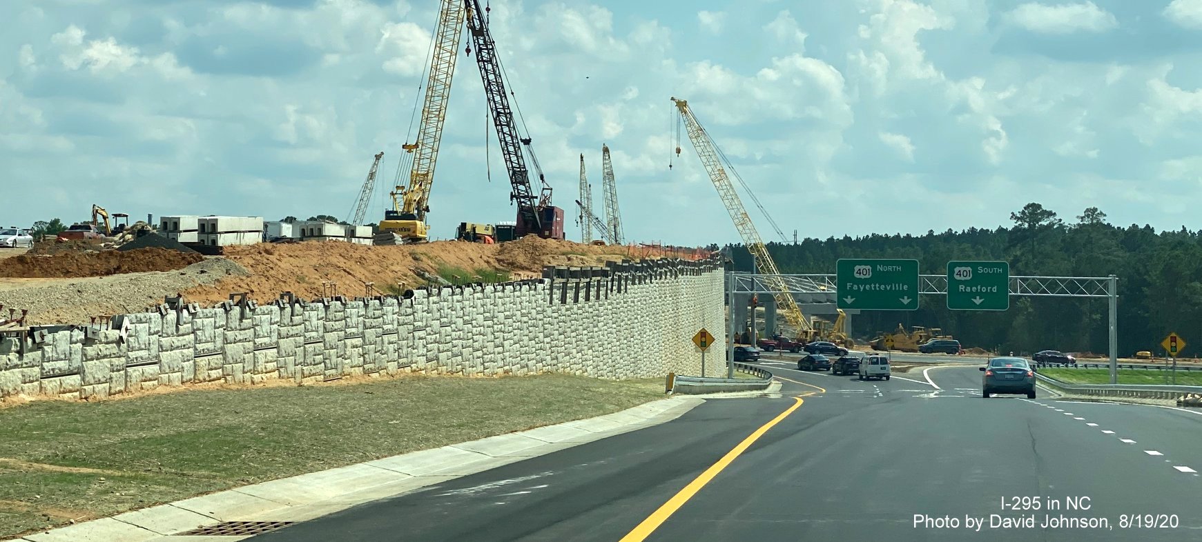 Image of Future I-295 bridge construction over US 401 from exit ramp at end of I-295 South in Fayetteville, 
        by David Johnson August 2020