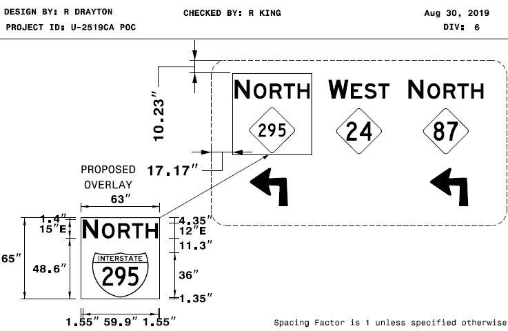 Image of NCDOT sign plan for new I-295 trailblazer for Fayetteville 
      Loop exit on I-95 in Cumberland County, June 2019