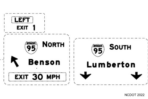 Image of NCDOT sign plan for overhead sign at split of ramps at end of 
	  I-295 South at I-95