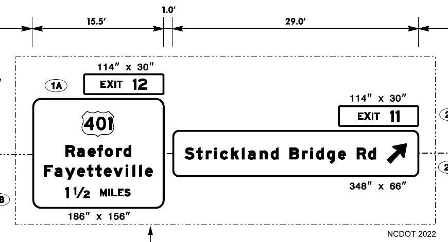 Image of NCDOT sign plan for overhead signs on I-295 North at ramp 
	  to Strickland Bridge Road