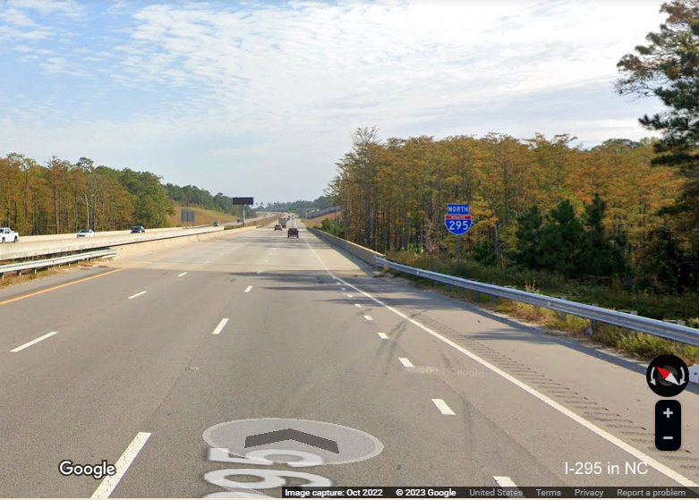 Image of North I-295 reassurance marker after the Murchison Road interchange, Fayetteville Outer Loop, Google Maps Street View, 
        October 2022