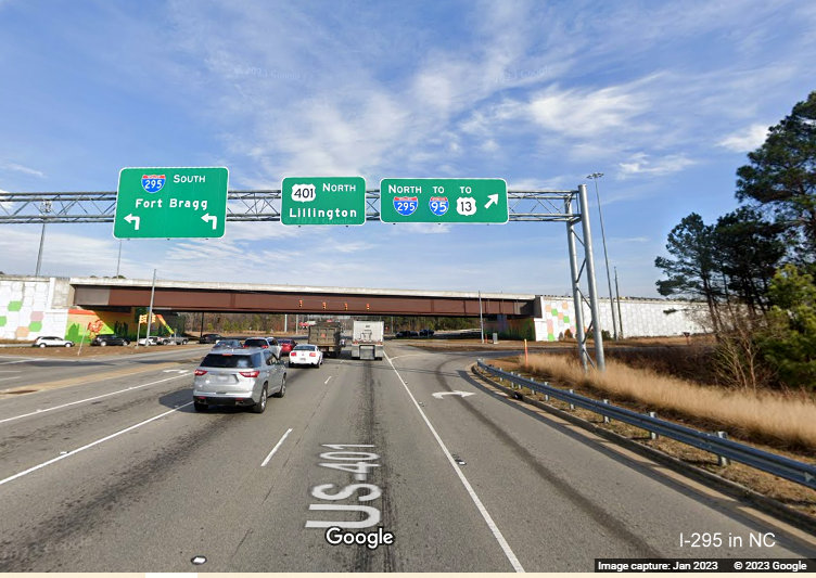 Image of I-295 overhead ramp signage on US 401 North, Google Maps Street View, 
        January 2023