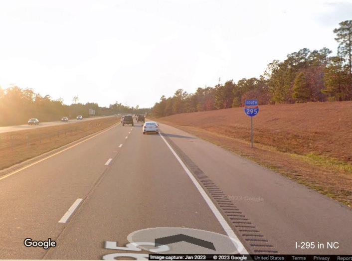 Image of South I-295 reassurance marker after US 401 Lillington exit, Google Maps Street View, 
        January 2023